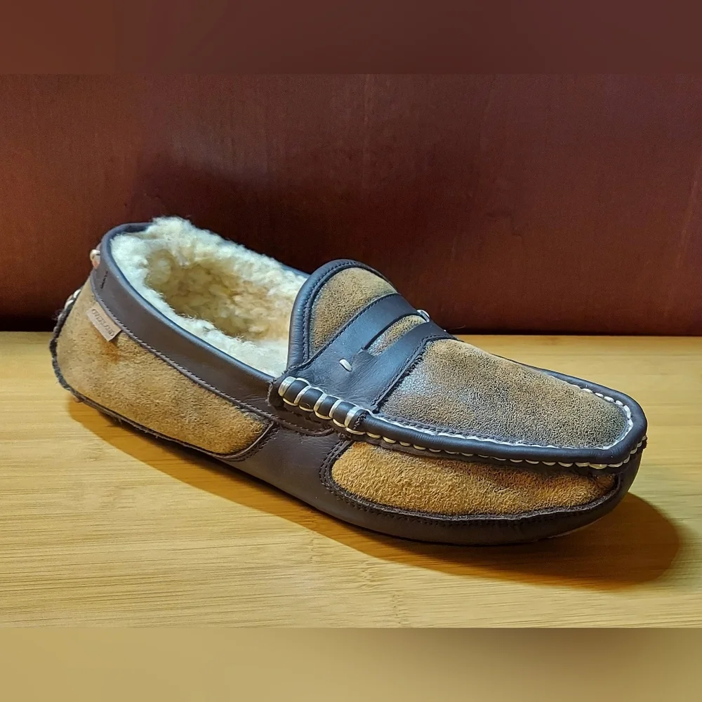 OVERLAND MEN'S DYED & TIPPED SHEEPSKIN LEATHER & FUR LINED PENNY LOAFERS SIZE 10 - Picture 3 of 16
